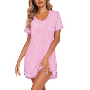 imageEkouaer Womens Nightgowns for Women Short Sleeves V Neck Sleepwear Plus Size Sleepshirt Short Nightshirt Tshirts Dress SXXLPink