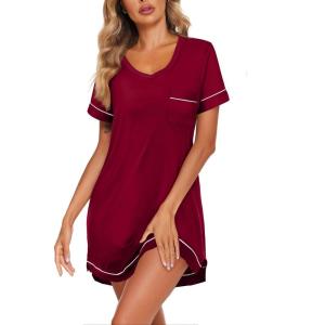 imageEkouaer Womens Nightgowns for Women Short Sleeves V Neck Sleepwear Plus Size Sleepshirt Short Nightshirt Tshirts Dress SXXLWine Red