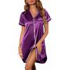 imageEkouaer Satin Nightgowns for Women Button Down Nightshirts Silk Sleepshirts Short Sleeve Boyfriend Sleepwear SXXXLDark Purple