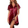 imageEkouaer Satin Nightgowns for Women Button Down Nightshirts Silk Sleepshirts Short Sleeve Boyfriend Sleepwear SXXXLWine Red
