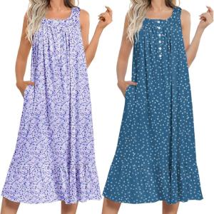 imageEkouaer 2 Pack Nightgowns for Women Sleeveless Long Night Gowns Victorian Nightdress with Pockets Soft Ladies GownFloral PurpleDog Footprints