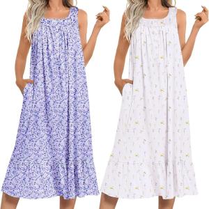 imageEkouaer 2 Pack Nightgowns for Women Sleeveless Long Night Gowns Victorian Nightdress with Pockets Soft Ladies GownFloral PurpleFloral White