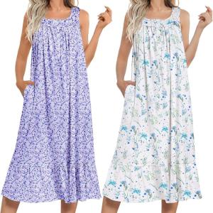 imageEkouaer 2 Pack Nightgowns for Women Sleeveless Long Night Gowns Victorian Nightdress with Pockets Soft Ladies GownFloral PurpleLeaf Blue