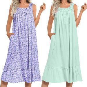 imageEkouaer 2 Pack Nightgowns for Women Sleeveless Long Night Gowns Victorian Nightdress with Pockets Soft Ladies GownFloral PurpleLight Green