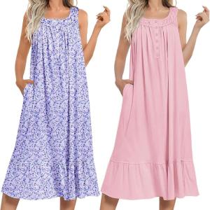 imageEkouaer 2 Pack Nightgowns for Women Sleeveless Long Night Gowns Victorian Nightdress with Pockets Soft Ladies GownFloral PurplePink