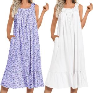 imageEkouaer 2 Pack Nightgowns for Women Sleeveless Long Night Gowns Victorian Nightdress with Pockets Soft Ladies GownFloral PurpleWhite