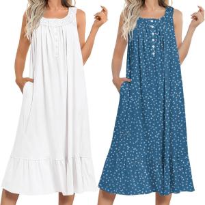 imageEkouaer 2 Pack Nightgowns for Women Sleeveless Long Night Gowns Victorian Nightdress with Pockets Soft Ladies GownWhiteDog Footprints