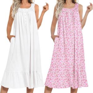 imageEkouaer 2 Pack Nightgowns for Women Sleeveless Long Night Gowns Victorian Nightdress with Pockets Soft Ladies GownWhiteFloral Pink