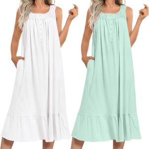 imageEkouaer 2 Pack Nightgowns for Women Sleeveless Long Night Gowns Victorian Nightdress with Pockets Soft Ladies GownWhiteLight Green