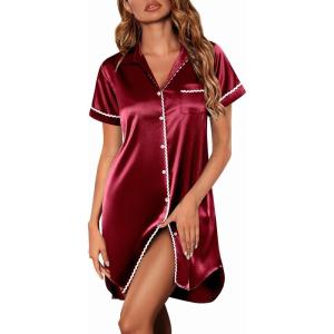 imageEkouaer Satin Nightgowns for Women Button Down Nightshirts Silk Sleepshirts Short Sleeve Boyfriend Sleepwear SXXXLWine Red