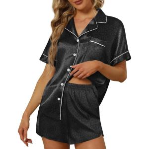 imageEkouaer Satin Pajama Set for Women Button Up 2 Piece Silky Pj Shorts Set Soft Sleepwear Short Sleeve LoungewearBlack Leopard