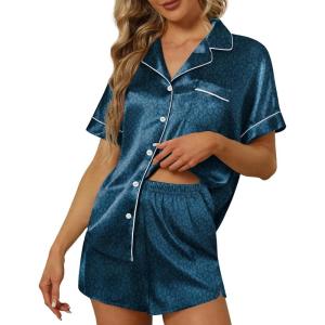 imageEkouaer Satin Pajama Set for Women Button Up 2 Piece Silky Pj Shorts Set Soft Sleepwear Short Sleeve LoungewearBlue Green Leopard