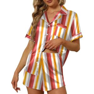 imageEkouaer Satin Pajama Set for Women Button Up 2 Piece Silky Pj Shorts Set Soft Sleepwear Short Sleeve LoungewearColorful Striped