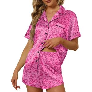imageEkouaer Satin Pajama Set for Women Button Up 2 Piece Silky Pj Shorts Set Soft Sleepwear Short Sleeve LoungewearHot Pink Leopard