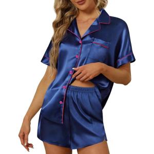 imageEkouaer Satin Pajama Set for Women Button Up 2 Piece Silky Pj Shorts Set Soft Sleepwear Short Sleeve LoungewearNavy Blue