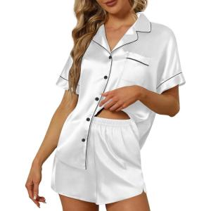 imageEkouaer Satin Pajama Set for Women Button Up 2 Piece Silky Pj Shorts Set Soft Sleepwear Short Sleeve LoungewearWhite