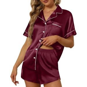 imageEkouaer Satin Pajama Set for Women Button Up 2 Piece Silky Pj Shorts Set Soft Sleepwear Short Sleeve LoungewearWine Red