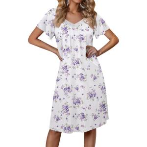 imageEkouaer Womens Nightgown Lace Trim Sleep Shirt Flare Short Sleeve Nightshirt Pleated Nightdress V Neck Pajama DressWhite Purple Flower