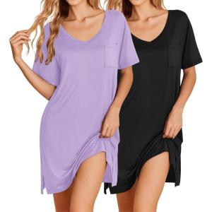 imageEkouaer 2 Pack Nightgowns for Women Short Sleeve Sleepshirt V Neck Nightshirt Casual Print SleepwearBlackLilac
