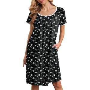 imageEkouaer Moo Moos for Women Short Sleeve House Dresses with Pockets Pleated Mumu Dress Soft Nightgowns SXXXLGreen White Print