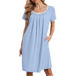 imageEkouaer Moo Moos for Women Short Sleeve House Dresses with Pockets Pleated Mumu Dress Soft Nightgowns SXXXLLight Blue