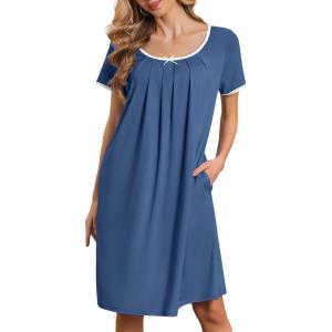 imageEkouaer Moo Moos for Women Short Sleeve House Dresses with Pockets Pleated Mumu Dress Soft Nightgowns SXXXLNavy