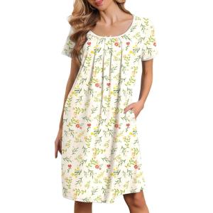 imageEkouaer Moo Moos for Women Short Sleeve House Dresses with Pockets Pleated Mumu Dress Soft Nightgowns SXXXLYellow Green Leaves