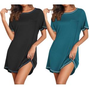 imageEkouaer Nightgowns for Women 2 Pack Night Gowns Short Sleeve Sleepshirts Pullover Nightshirts Soft Sleepwear SXXXLBlackBlue Green