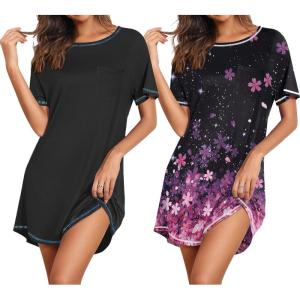 imageEkouaer Nightgowns for Women 2 Pack Night Gowns Short Sleeve Sleepshirts Pullover Nightshirts Soft Sleepwear SXXXLBlackCherry Blossoms