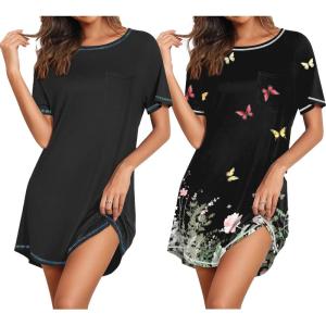 imageEkouaer Nightgowns for Women 2 Pack Night Gowns Short Sleeve Sleepshirts Pullover Nightshirts Soft Sleepwear SXXXLBlackFlower Butterfly