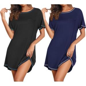 imageEkouaer Nightgowns for Women 2 Pack Night Gowns Short Sleeve Sleepshirts Pullover Nightshirts Soft Sleepwear SXXXLBlackNavy Blue