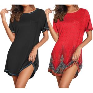 imageEkouaer Nightgowns for Women 2 Pack Night Gowns Short Sleeve Sleepshirts Pullover Nightshirts Soft Sleepwear SXXXLBlackRed Feather
