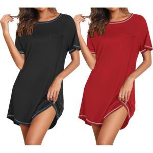 imageEkouaer Nightgowns for Women 2 Pack Night Gowns Short Sleeve Sleepshirts Pullover Nightshirts Soft Sleepwear SXXXLBlackWine Red