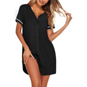 imageEkouaer Nightgowns for Women Button Down Sleep Shirt Short Sleeve Night Shirt Soft Pajama Dress V Neck Sleepwear With PocketsBlack