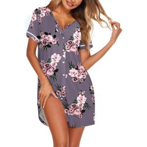 imageEkouaer Nightgowns for Women Button Down Sleep Shirt Short Sleeve Night Shirt Soft Pajama Dress V Neck Sleepwear With PocketsPink Flower