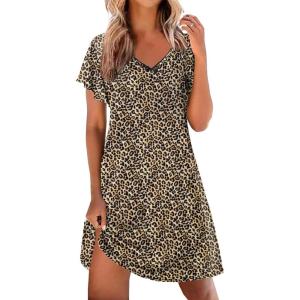 imageEkouaer Nightgowns for Women Short Sleeve Night Gown Comfy Sleep Shirt Soft Sleep Dress Pleated SleepwearBrown Leopard