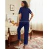 imageEkouaer Cotton Pajamas Sets for Women 2 Piece Button Down Short Sleeve Pj Set with Long Pants Lounge Set Soft Sleepwear SXXLNavy Blue