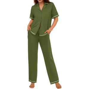 imageEkouaer Cotton Pajamas Sets for Women 2 Piece Button Down Short Sleeve Pj Set with Long Pants Lounge Set Soft Sleepwear SXXLArmy Green