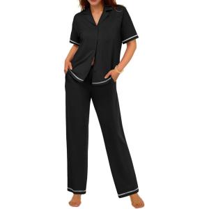 imageEkouaer Cotton Pajamas Sets for Women 2 Piece Button Down Short Sleeve Pj Set with Long Pants Lounge Set Soft Sleepwear SXXLBlack