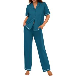imageEkouaer Cotton Pajamas Sets for Women 2 Piece Button Down Short Sleeve Pj Set with Long Pants Lounge Set Soft Sleepwear SXXLBlue Green