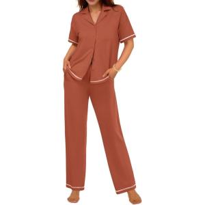 imageEkouaer Cotton Pajamas Sets for Women 2 Piece Button Down Short Sleeve Pj Set with Long Pants Lounge Set Soft Sleepwear SXXLClay