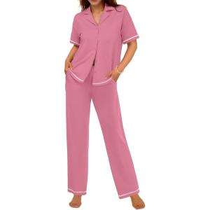 imageEkouaer Cotton Pajamas Sets for Women 2 Piece Button Down Short Sleeve Pj Set with Long Pants Lounge Set Soft Sleepwear SXXLDark Pink