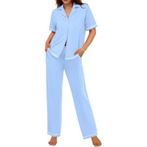 imageEkouaer Cotton Pajamas Sets for Women 2 Piece Button Down Short Sleeve Pj Set with Long Pants Lounge Set Soft Sleepwear SXXLLight Blue