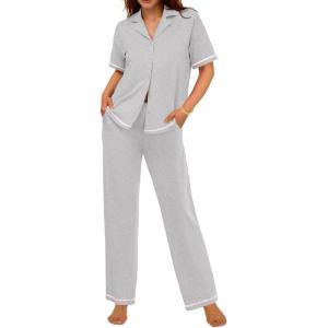 imageEkouaer Cotton Pajamas Sets for Women 2 Piece Button Down Short Sleeve Pj Set with Long Pants Lounge Set Soft Sleepwear SXXLLight Grey