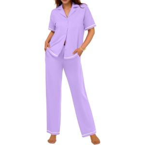 imageEkouaer Cotton Pajamas Sets for Women 2 Piece Button Down Short Sleeve Pj Set with Long Pants Lounge Set Soft Sleepwear SXXLLilac