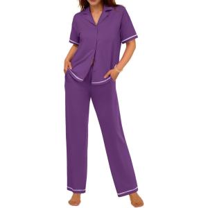 imageEkouaer Cotton Pajamas Sets for Women 2 Piece Button Down Short Sleeve Pj Set with Long Pants Lounge Set Soft Sleepwear SXXLPurple