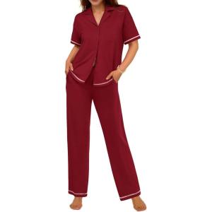 imageEkouaer Cotton Pajamas Sets for Women 2 Piece Button Down Short Sleeve Pj Set with Long Pants Lounge Set Soft Sleepwear SXXLWine Red