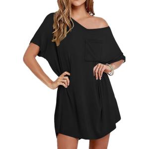 imageEkouaer Nightgown for Women Bamboo Viscose Sleepshirt short sleeve Nightshirt V Neck T shirt Night gown Boyfriend SleepwearBlack