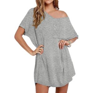 imageEkouaer Nightgown for Women Bamboo Viscose Sleepshirt short sleeve Nightshirt V Neck T shirt Night gown Boyfriend SleepwearLight Grey