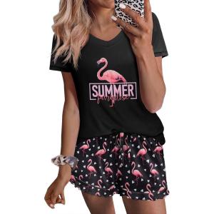 imageEkouaer Womens Pajama Sets Summer Pjs Soft Short Sleeve Sleepwear Comfy Ruffle Pj Shorts Set Cute Lounge Sets with PocketsBlack Flamingo